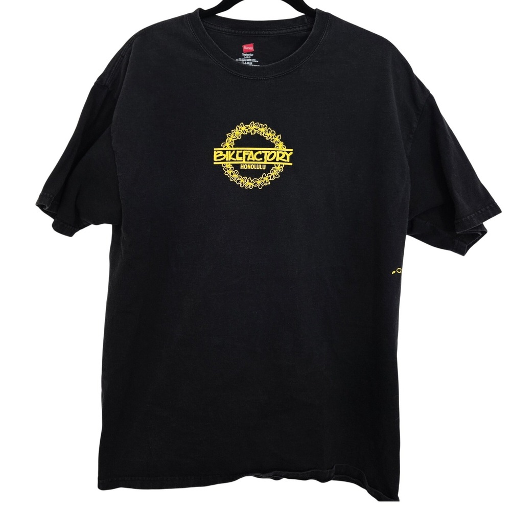 VT Bike Factory Honolulu Hawaii T-Shirt XL Black Yellow Floral Logo Hanes Y2K